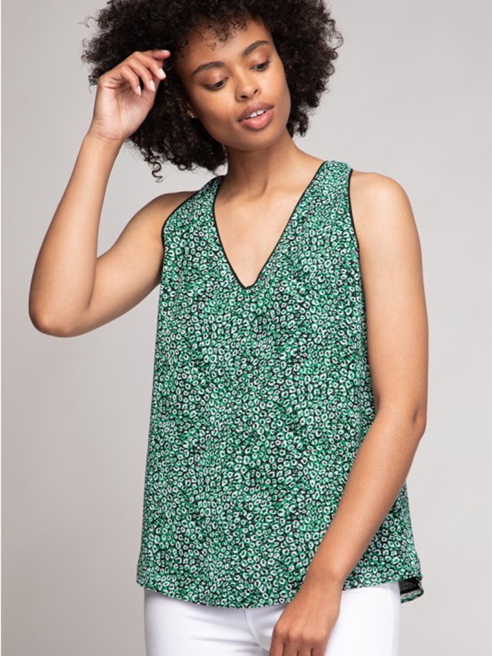 Green Printed V-Neck Sleeveless Top